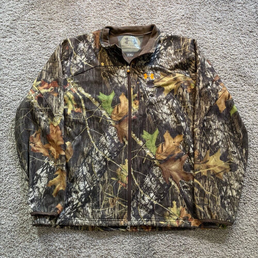 Under Armour Mossy Oak Camo Fleece Full Zip Hunting Jacket Brown Mens 2XL